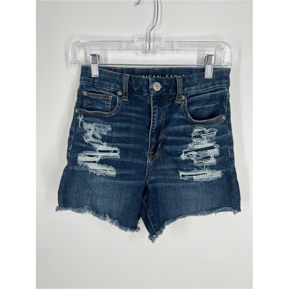 American Eagle Outfitters Dark Blue Distressed Curvy Hi-Rise Shortie Size 2